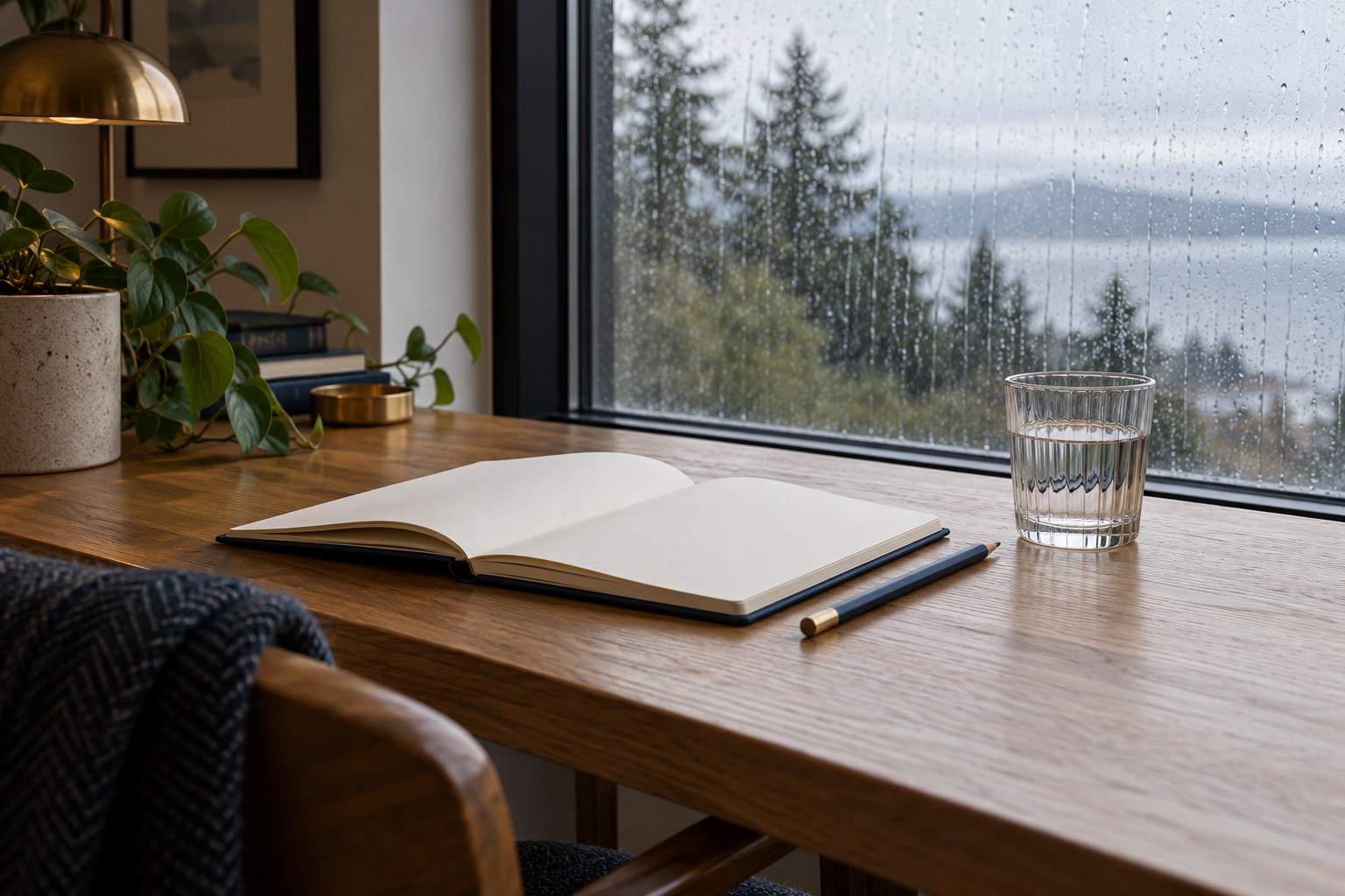 An open notebook, pencil, and glass of water beside a rain-streaked window